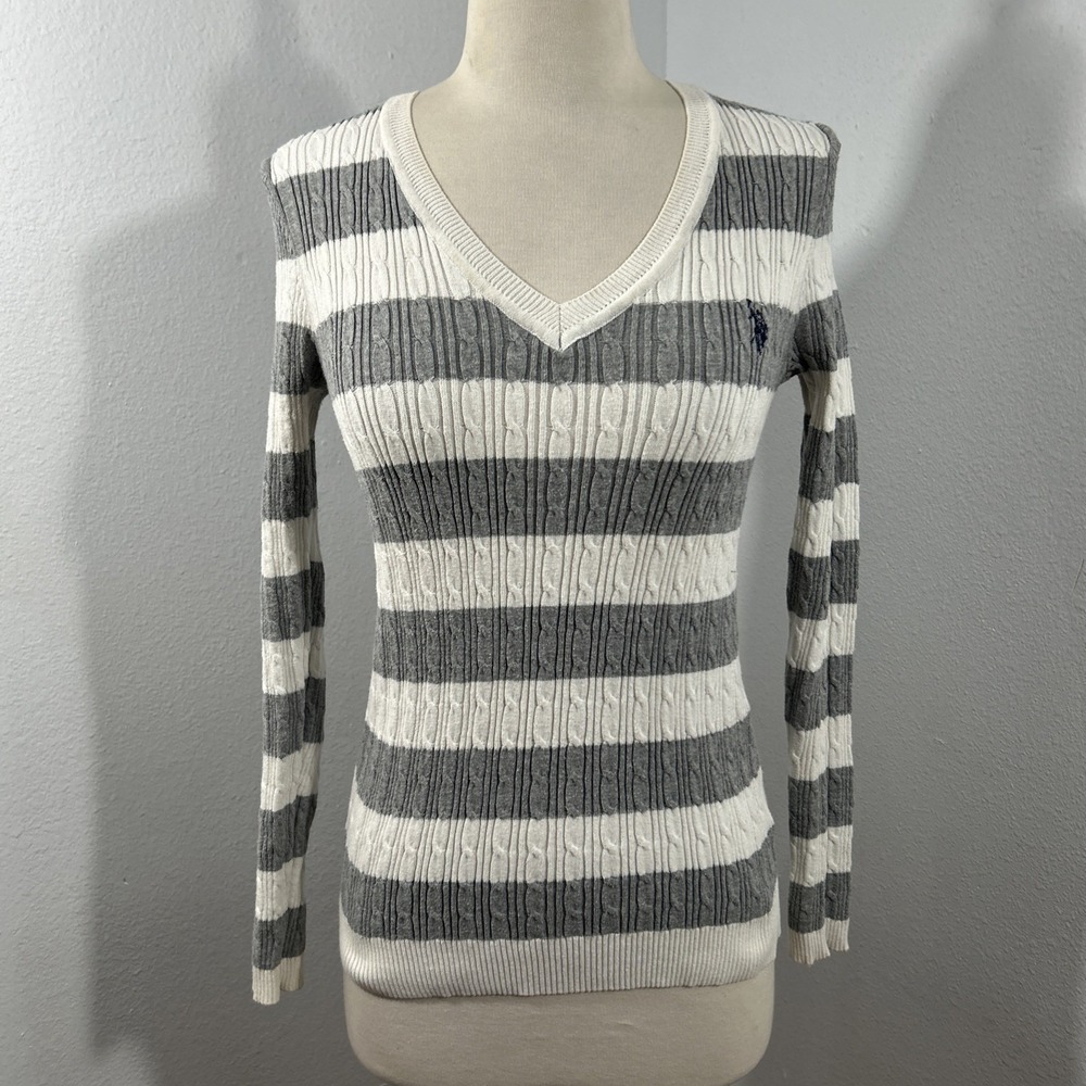US Polo Assn Sweater Womens M Stripe V Neck Cable Bella Swan